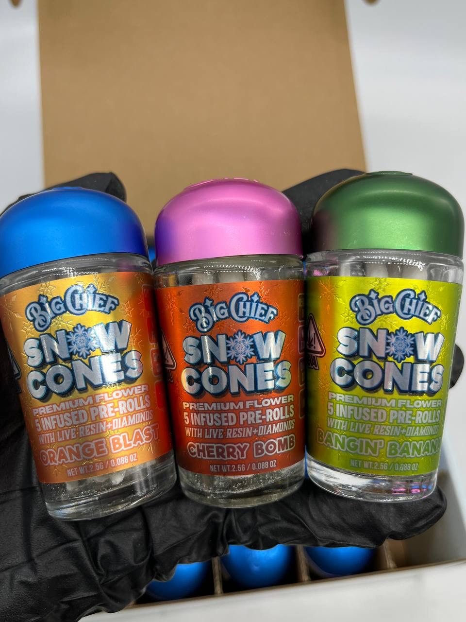 Big Chief Snow Cones Pre Rolls – Infused W/ LIVE RESIN + DIAMONDS (5 preroll per Jar)